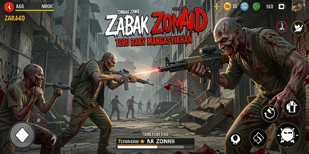 Screenshot antarmuka ZARA4D dengan aksi tembak zombie yang seru.